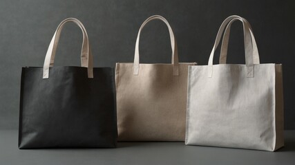 A mockup of white tote bags on a grey background