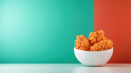 Delicious Fried Chicken in a White Bowl on Colorful Background