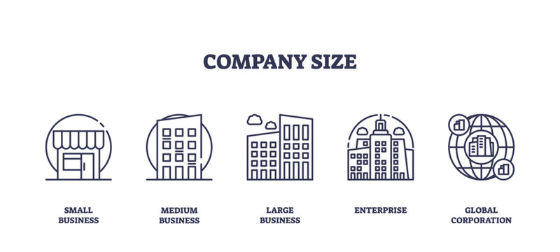 Icons representing different company sizes from small business to global corporation, using simple outline designs. outline icons set
