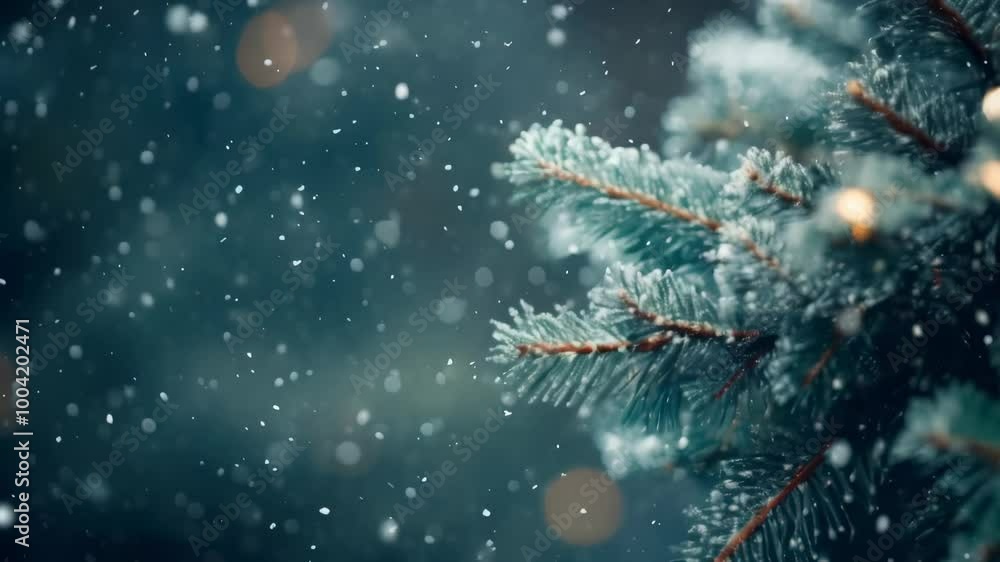 Poster snow falling on out of focus pine branches with lights glowing on a christmas tree, creating a magic