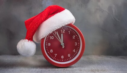 Red clock with Christmas Santa hat. Time for Christmas shopping concept 