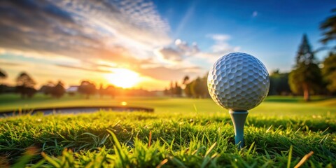 Close up view of golf ball on tee ready for swing at beautiful golf course
