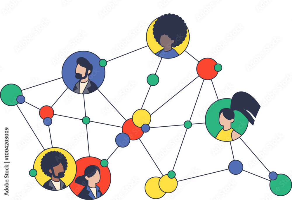 Aufkleber a network diagram with interconnected nodes featuring diverse avatars, symbolizing social connection