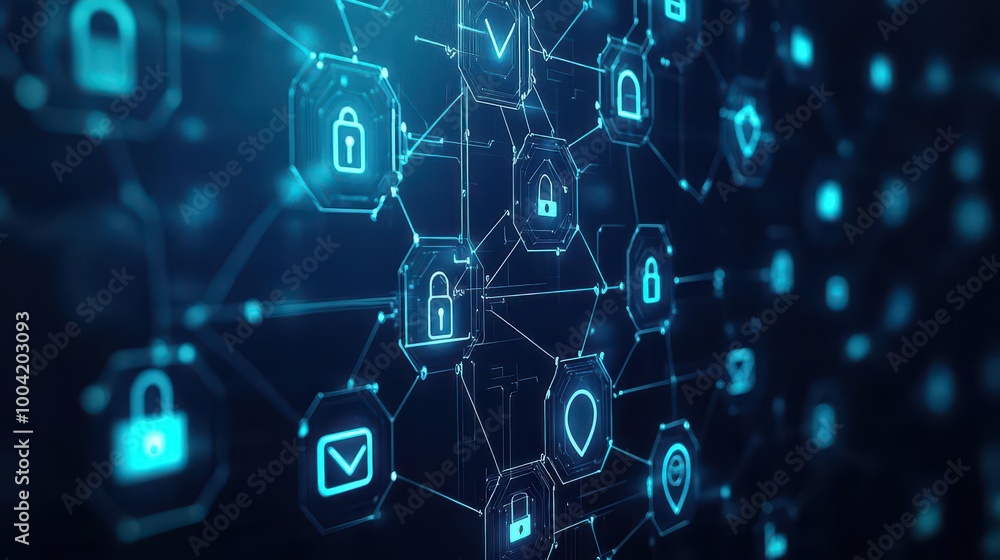 Poster floating security icons with connected lines, deep blue and black tones, holographic effect, abstrac