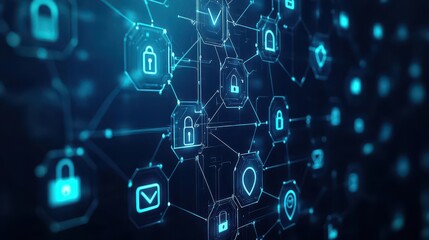 Obraz premium Floating security icons with connected lines, deep blue and black tones, holographic effect, abstract cyber background, 3D rendering