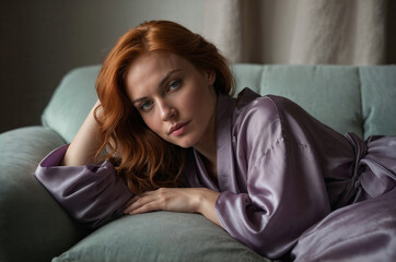 Obraz premium Red-haired woman in a lavender satin robe relaxing on a sofa in soft natural light.
