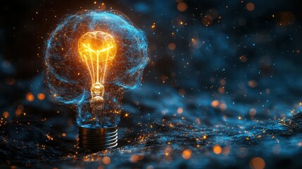 glowing human brainshaped lightbulb intricate neural networks electric blue sparks dark background symbolizing creativity and innovation