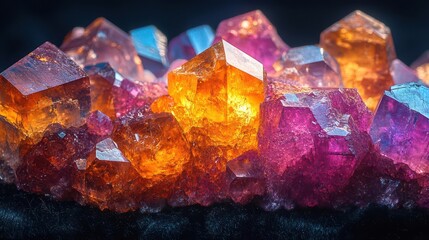 glowing rare earth minerals in various shapes and sizes vibrant colors displayed on black velvet macro photography with depth of field