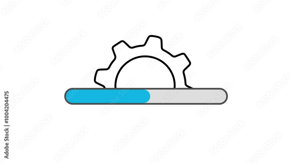Poster outline loading blue bar with gear animation on white background. progress upload with half cogwheel