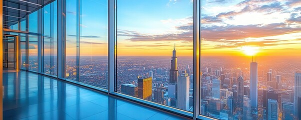 Highrise office windows overlooking a city bustling with economic activity, business expansion, and corporate growth