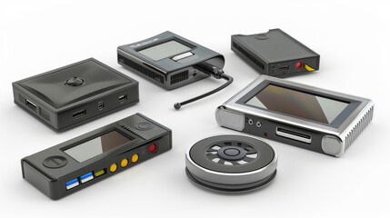 Obraz premium Media players for playback of digital audio and video files isolated on white background