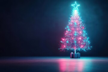 Futuristic Christmas tree, holographic decorations, neon lights, sleek modern design, virtual holiday celebration