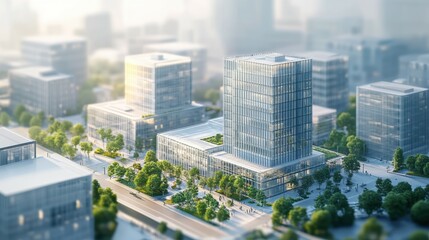Obraz premium Contemporary office complex illustrated in isometric perspective, showcasing sleek glass facades and innovative layouts, with a bustling urban environment in the background, all in crisp