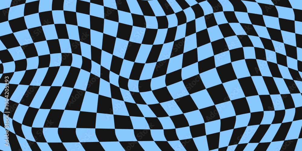 Poster Twisted checkered colorful background. Abstract vector pattern. Black and blue colors. Retro wavy psychedelic checkerboard	
