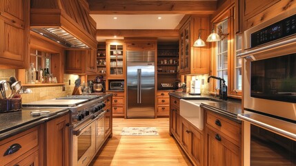 Fototapeta premium Rustic Kitchen Interior Design with Wooden Cabinets and Stainless Steel Appliances.