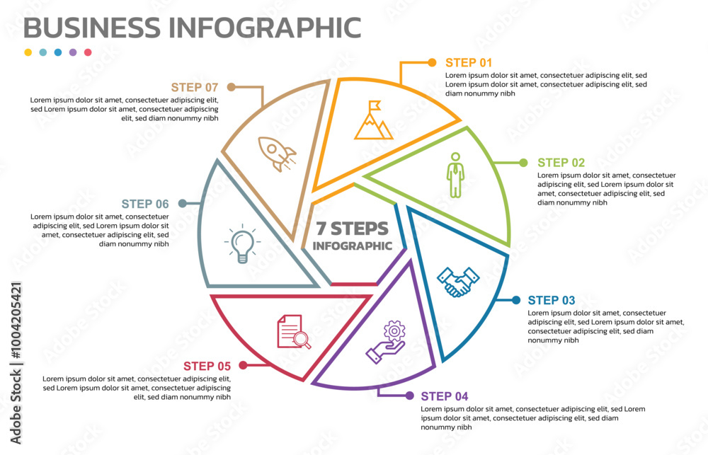 Poster Visual data presentation. Cycle diagram with 7 options. Pie Chart Circle thin line infographic template with 7 steps, options, parts, segments. Business concept. Marketing infographic outline style.