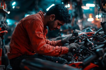 Obraz premium Focused Indian mechanic in red shirt repairing a motorcycle in a dimly lit workshop, demonstrating dedication and skill in his craft.