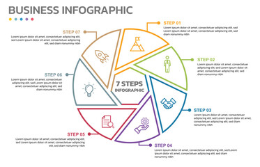 Visual data presentation. Cycle diagram with 7 options. Pie Chart Circle thin line infographic template with 7 steps, options, parts, segments. Business concept. Marketing infographic outline style.