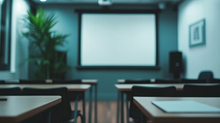 A modern classroom setup with empty desks and a projection screen.