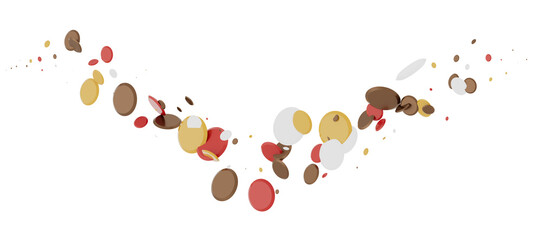 Multicolored paper confetti on transparent background. Realistic confetti flying. Colorful scattered items to holiday decorations.