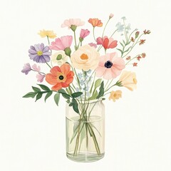 Obraz premium A vibrant bouquet of various flowers in a glass vase, showcasing natural beauty and color.