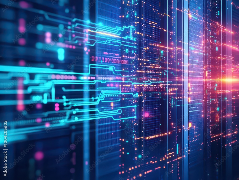 Poster futuristic server room, glowing data streams, neon circuits, hightech background