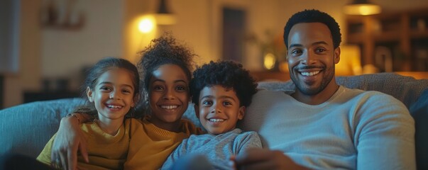 A family watching a movie together, cuddled on the couch for a cozy Sunday evening, Sunday movie night, family bonding