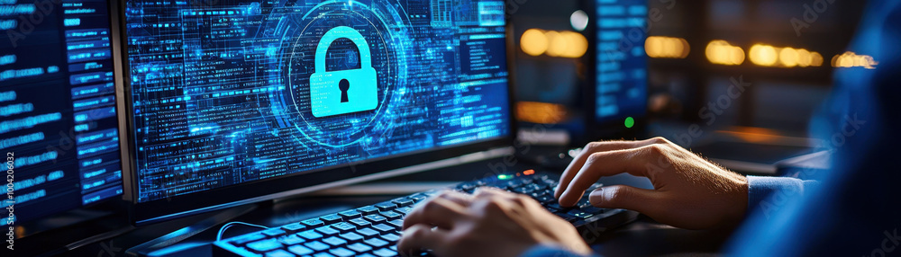 Aufkleber cyber security training, a close-up of hands actively typing on a keyboard in a professional workspa