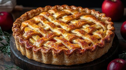 goldenbrown homemade apple pie with a beautifully woven lattice crust nestled on a rustic wooden table evoking warmth and nostalgia of homecooked delights