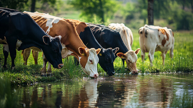 A tranquil scene of cows drinking water at a pond