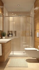 Modern bathroom interior with a glass shower cabin, wooden walls, and a toilet.