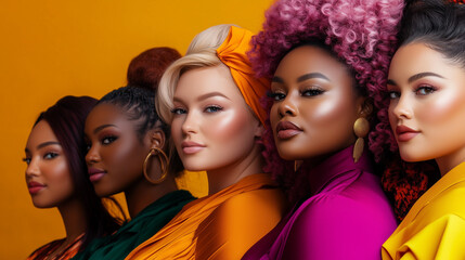 vibrant portrait showcasing five diverse women with unique hairstyles and colorful outfits against bright yellow background, celebrating beauty and individuality. 