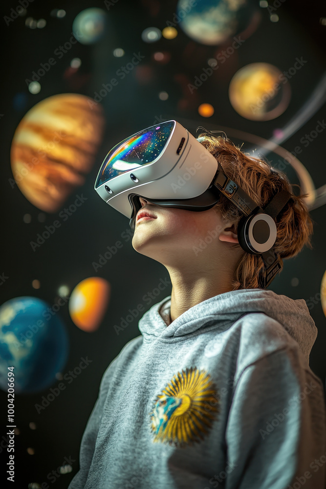 Poster vr in education, a student adorned with a vr headset fully immerses in an interactive virtual classr