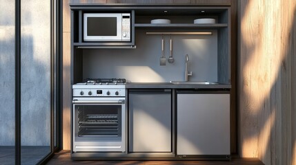 Fototapeta premium Modern Compact Kitchen with Stainless Steel Appliances.