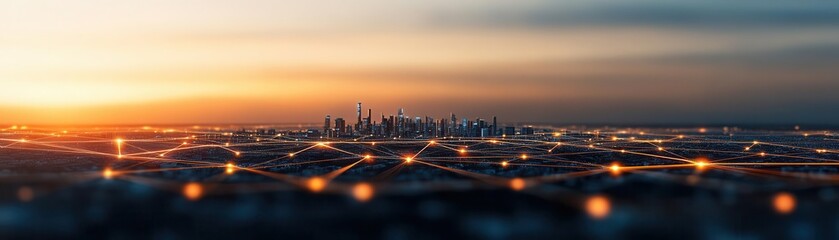 Bright network of lines connecting businesses and industries around a glowing cityscape, symbolizing economic growth through collaboration