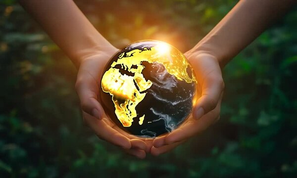 A person is holding a globe in their hands. The globe is surrounded by green foliage, giving the impression of a natural environment. Concept of responsibility and care for the planet