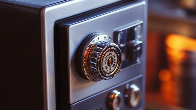 A close-up of a combination lock on a safe.