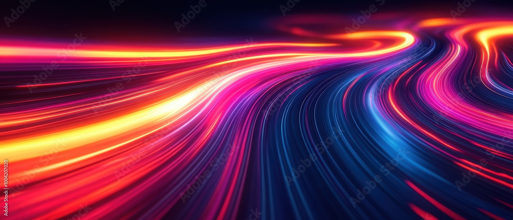 Poster neon background, curved neon lines dominate the background, flowing gracefully across a dark canvas.