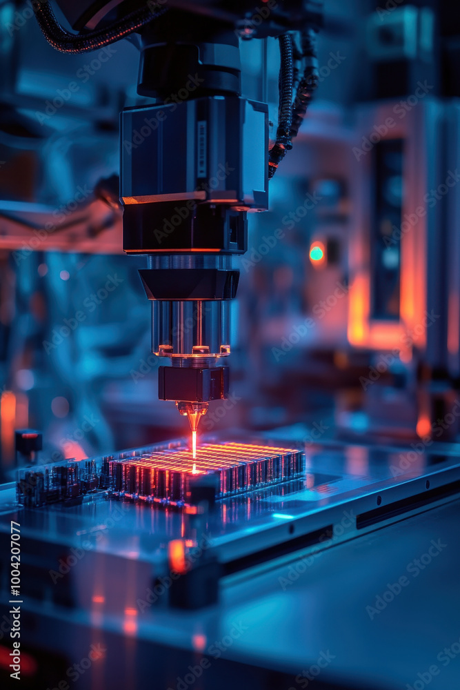 Poster blockchain integration, in a state-of-the-art factory, robotic arms project holograms while assembli