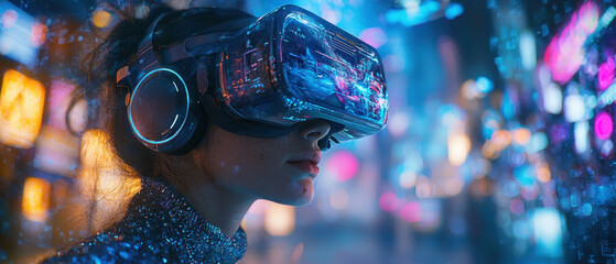 VR in gaming,  The main subject, a solo gamer in VR goggles, is deeply focused as they navigate a stunning digital fantasy realm. Surrounded by dancing holographic creatures and