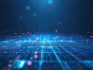 Fototapeta premium Glowing holographic grid, abstract digital landscape, deep blue tech visualization
