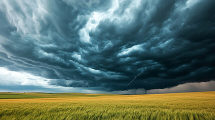 dramatic stormy sky looms over golden field, with dark clouds swirling and lightning striking in distance, creating powerful and intense atmosphere. 