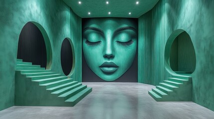 A modern art space featuring a large face mural and stairs.