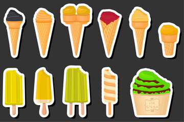 Illustration on theme big kit ice cream popsicle different types in cone waffle cup