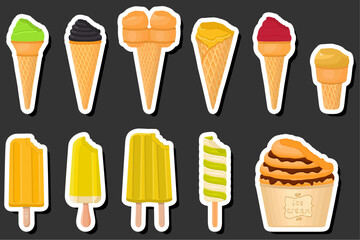 Illustration on theme big kit ice cream popsicle different types in cone waffle cup