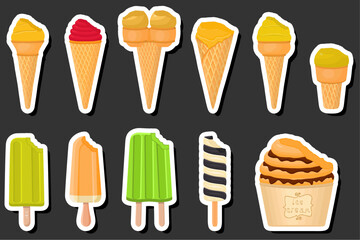 Illustration on theme big kit ice cream popsicle different types in cone waffle cup