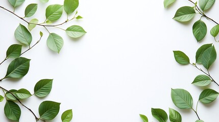 Fototapeta premium Fresh Green Leaves Frame on a White Background. AI Generated