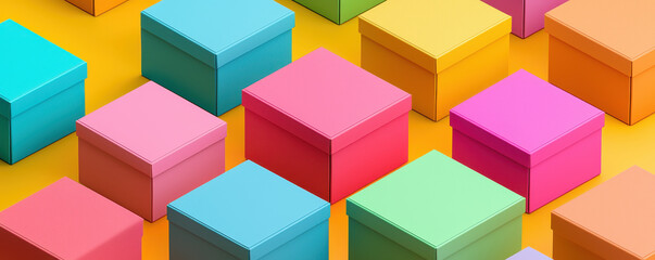 Naklejka premium Colorful gift boxes arranged in vibrant pattern on bright yellow background create cheerful and festive atmosphere. These boxes are perfect for various occasions