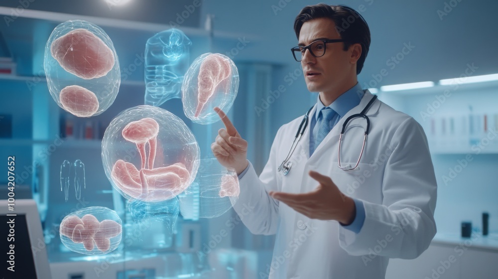 Poster A male doctor in a lab coat examines holographic representations of various cells while interacting with advanced technology in a modern laboratory. His focus is on understanding cellular structures.