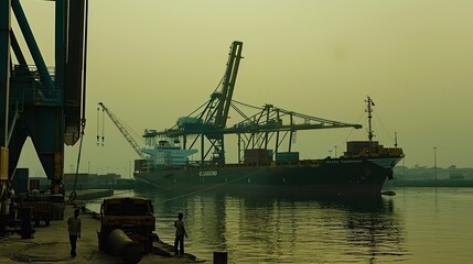 Obraz premium Large cargo ship docked at a port with cranes and containers, symbolizing a port strike, highlighting the scale of the port and the absence of activity.